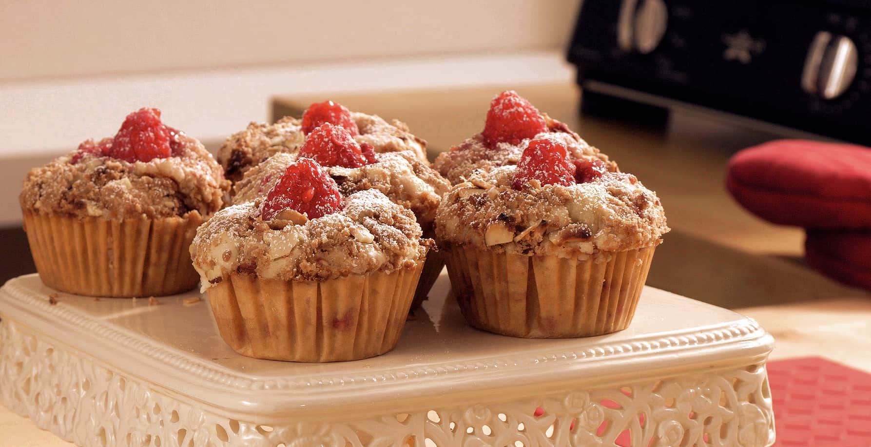 Tray with the raspberry cream muffins baked in the HeatMate toaster oven