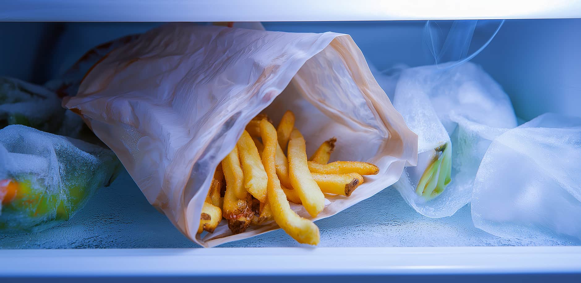 Frozen French fries are in the freezer among other frozen food
